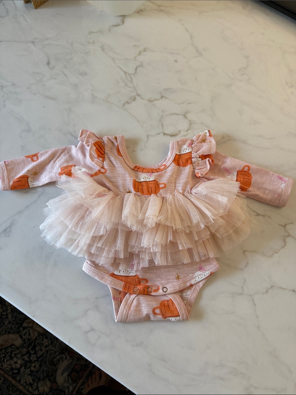 Pink Pumpkin Print Tulle Ruffle One-Piece for Girls 0-3